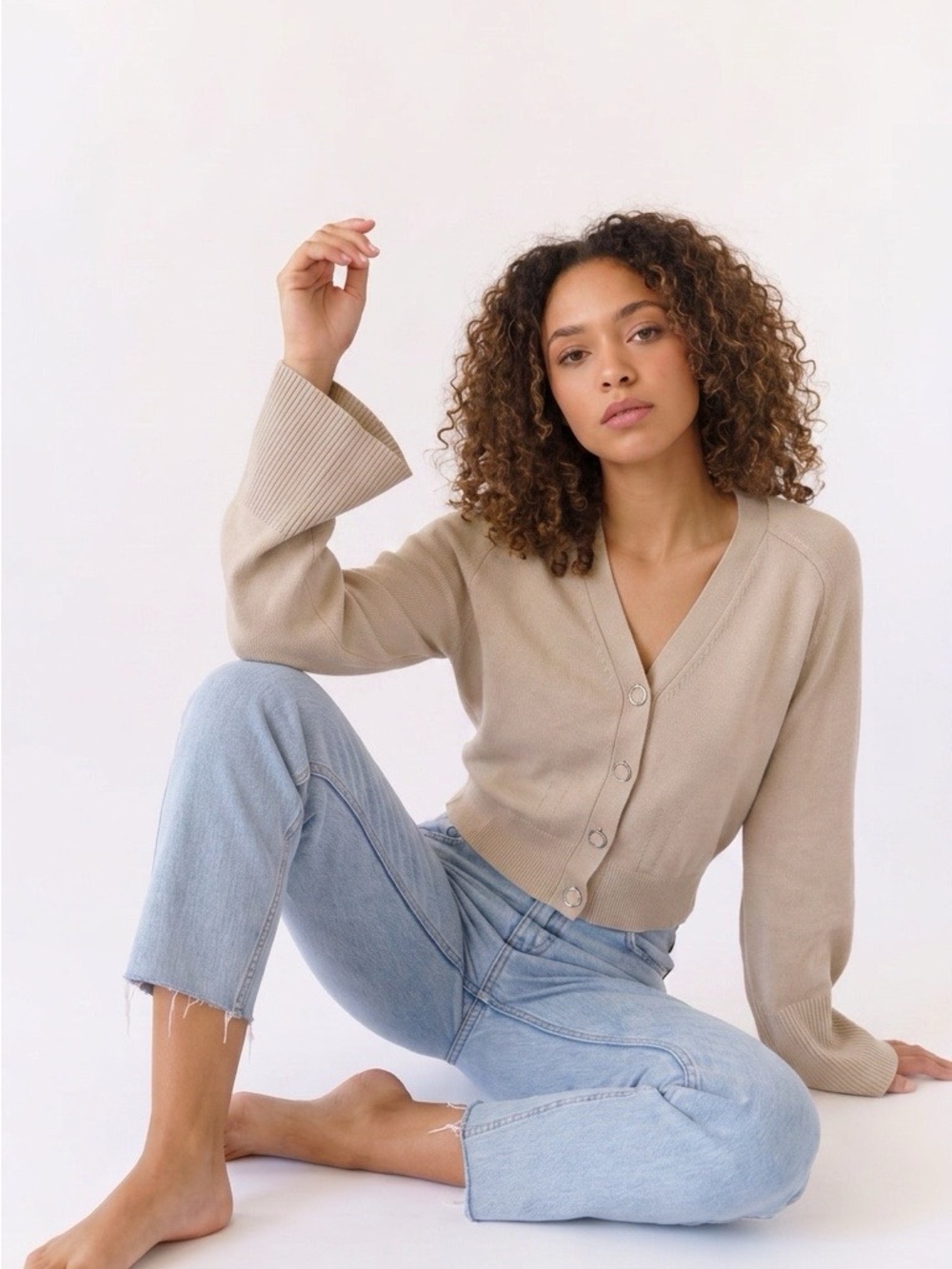 WHBM Taupe V-Neck Button-Front Cardigan